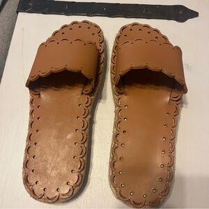 Brown Scalloped Slide Sandals